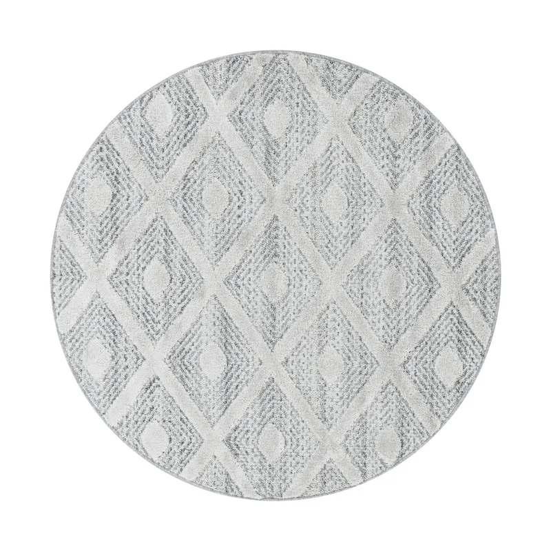 Pisa Rond Vloerkleed – Grijs – Tribal Ruitpatroon – Laagpolig & Modern