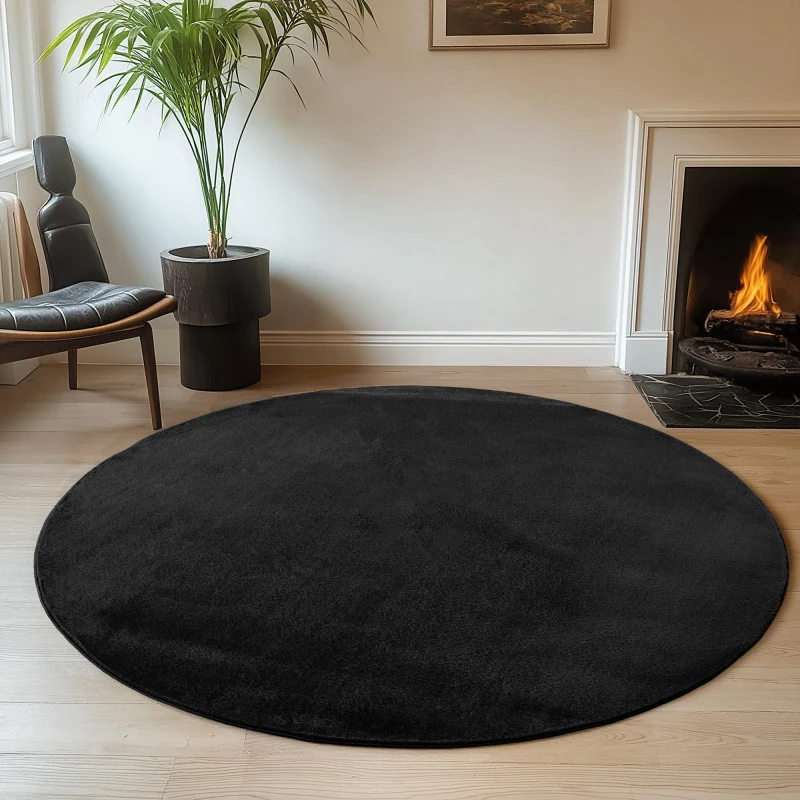 Joy Rond Vloerkleed – Zwart – Effen laagpolig vloerkleed – zacht en met glans