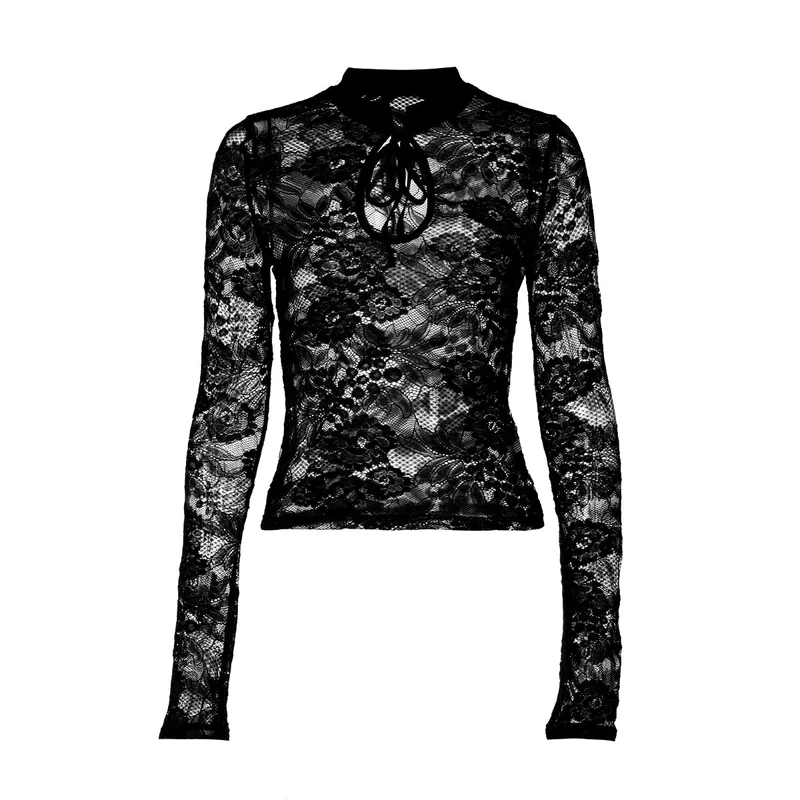 Lace cut out self tie long sleeve top
