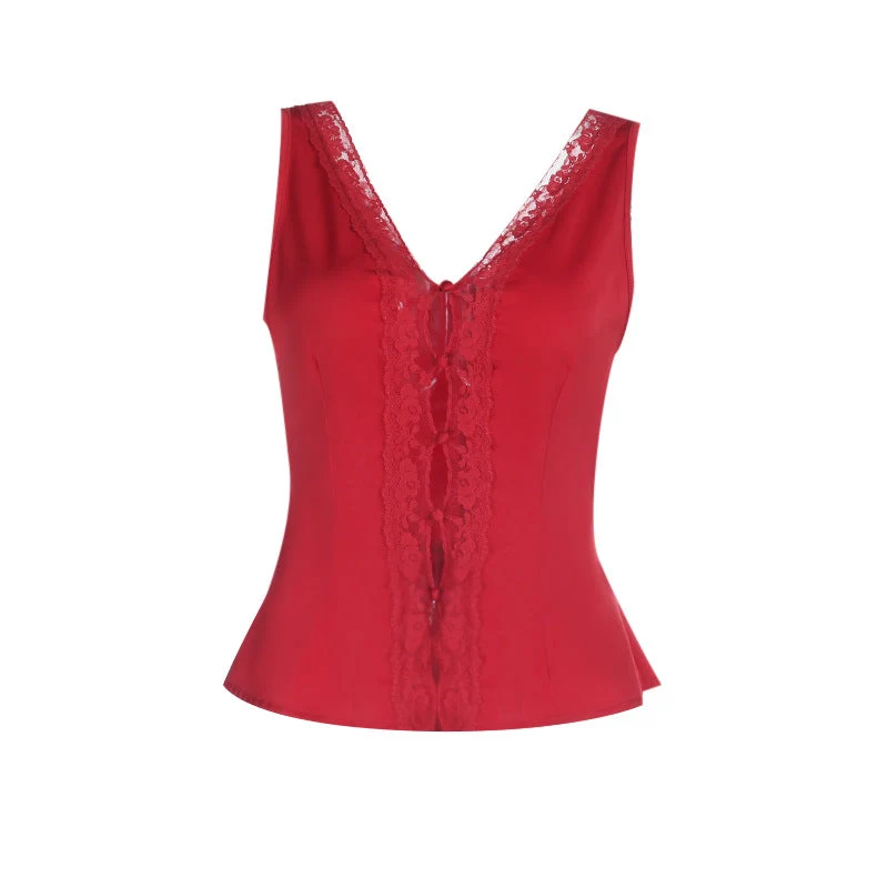 Lace hem cut out self tie satin top