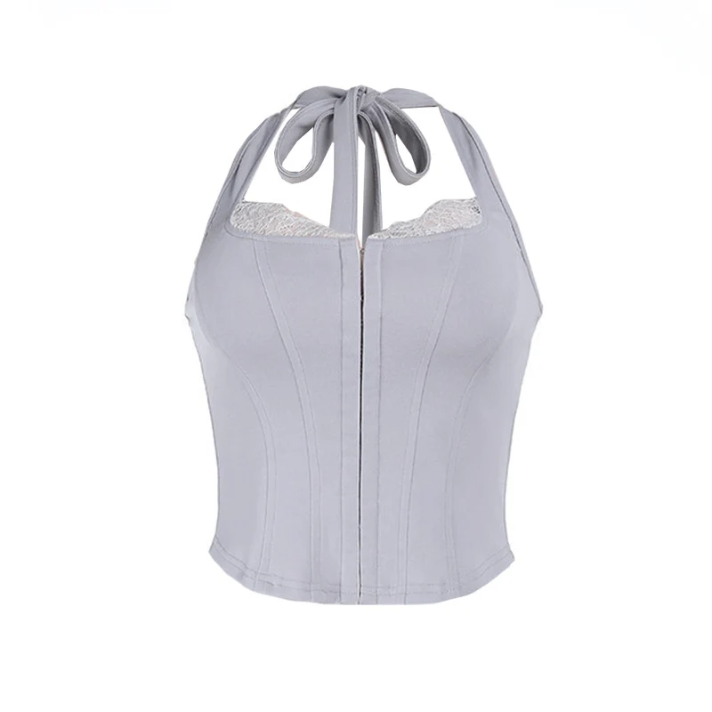 Corset lace hem self tie halter backless top