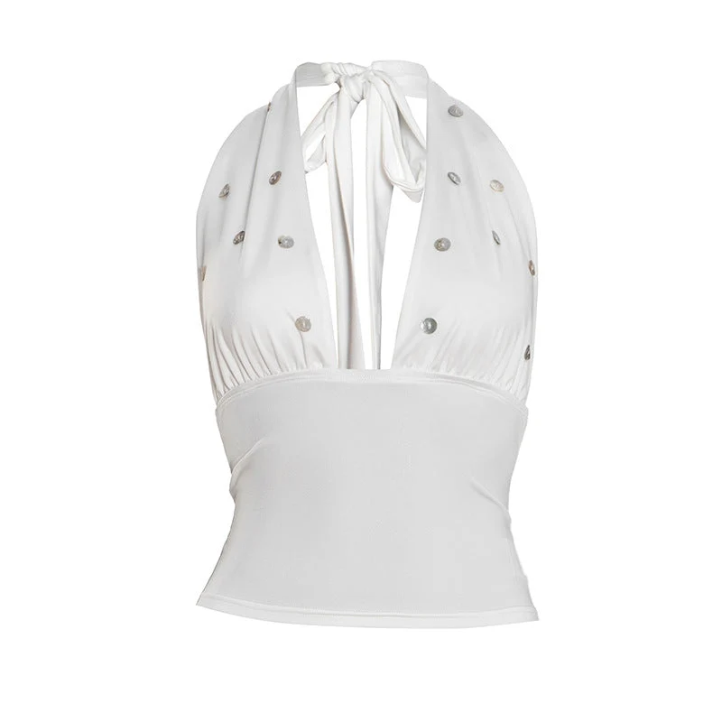 Halter self tie button applique backless top