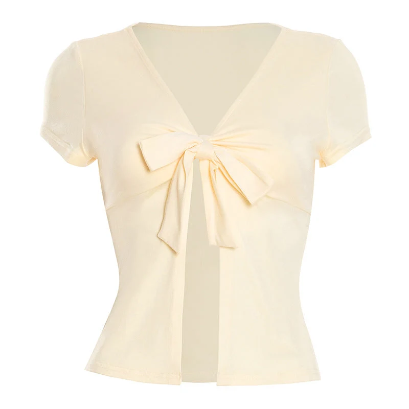 Cut out short sleeve v neck self tie crop top