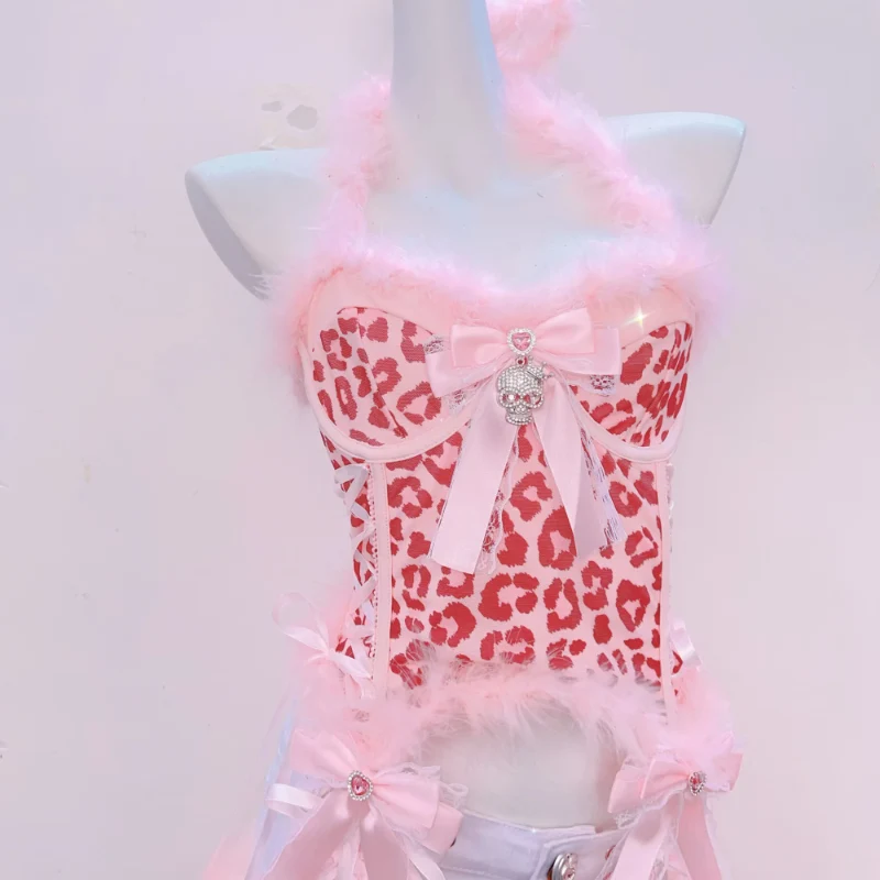 Leopard print bowknot halter backless top
