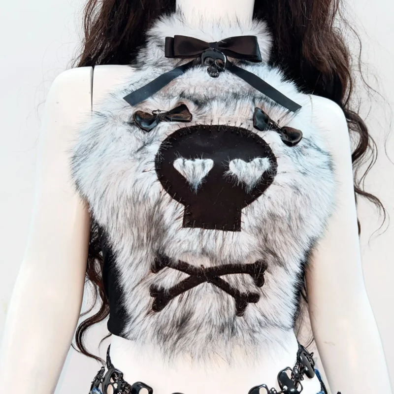 Backless bowknot fluffy halter skull top