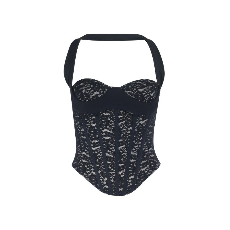 Lace halter zip-up corset backless top