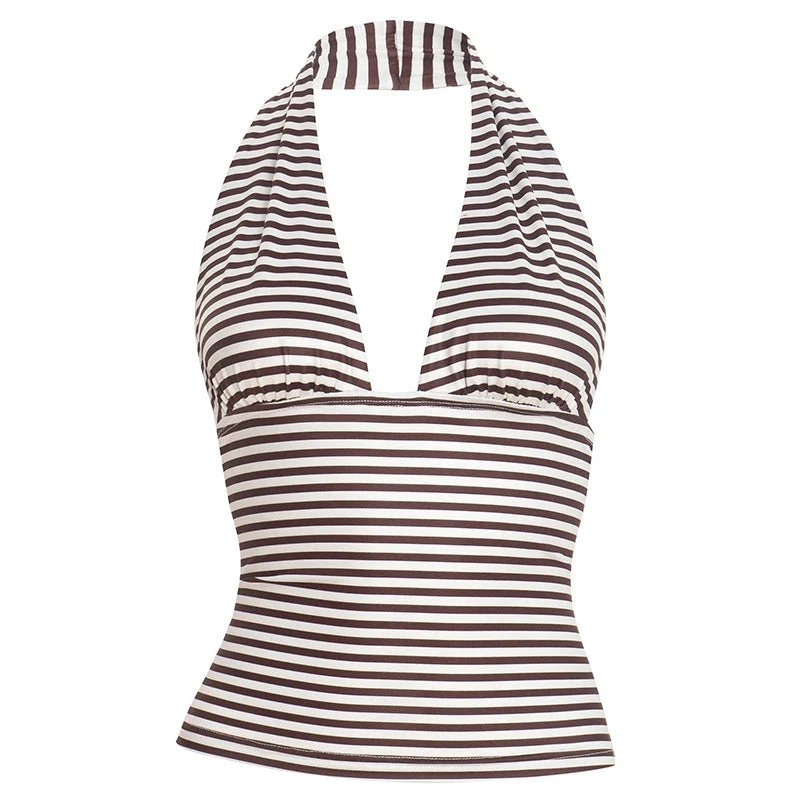 Halter self tie striped print backless v neck top