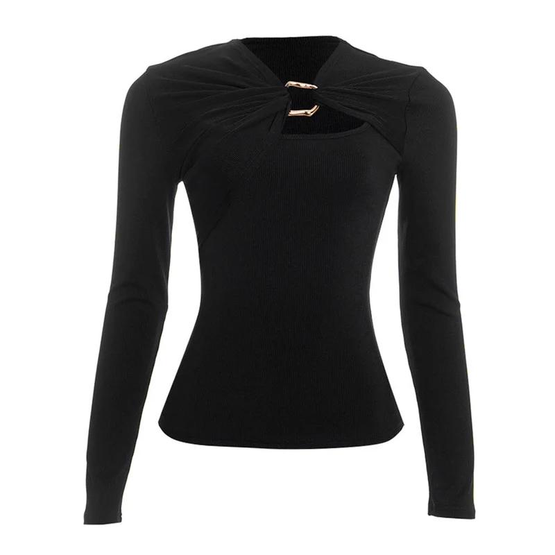 Cut out ribbed long sleeve irregular top