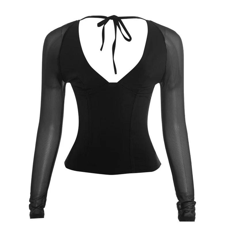 Mesh v neck long sleeve solid self tie top