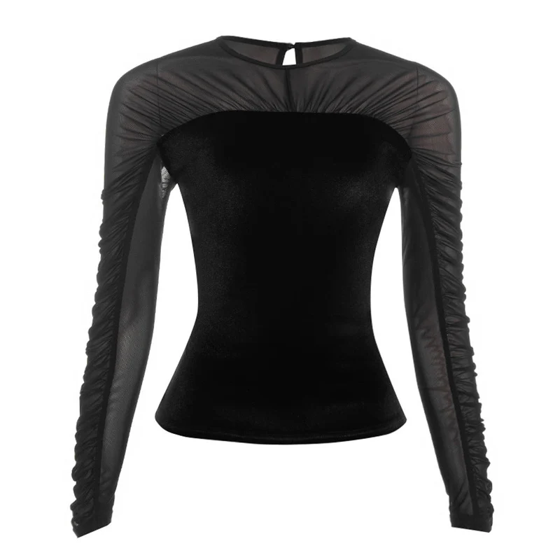 Mesh crewneck button long sleeve ruched top