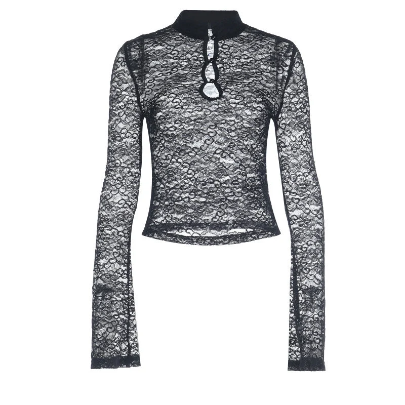 Long sleeve hollow out lace see through cut out top