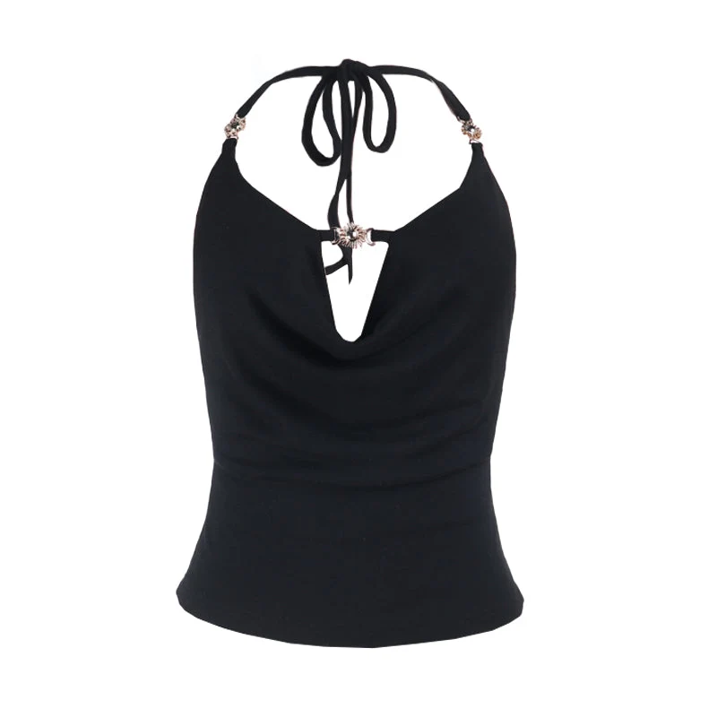 Halter self tie hollow out backless solid cut out top