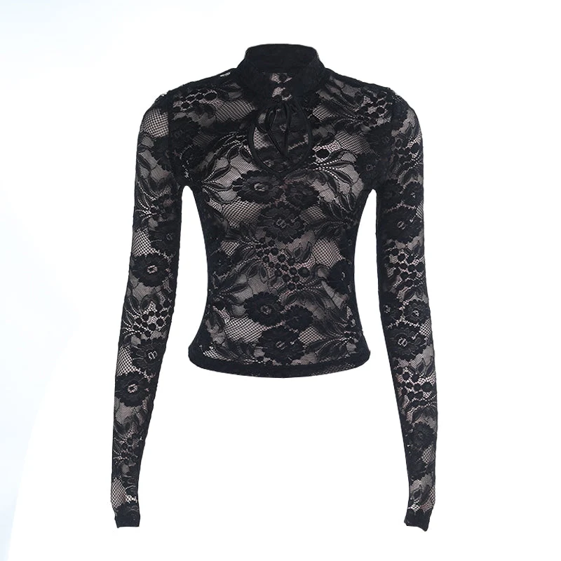 Self tie hollow out long sleeve lace solid cut out top