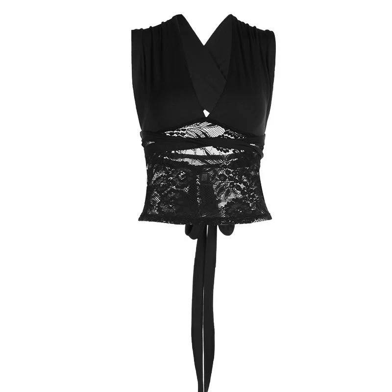 Lace v neck patchwork self tie top