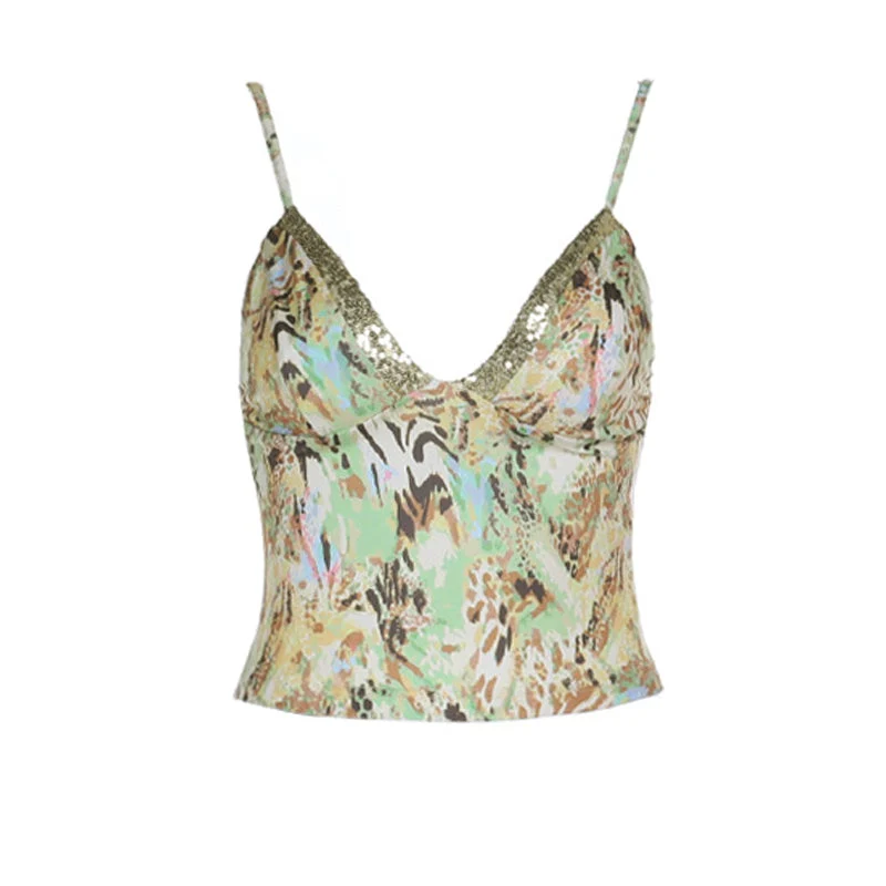 Glitter v neck print backless cami top
