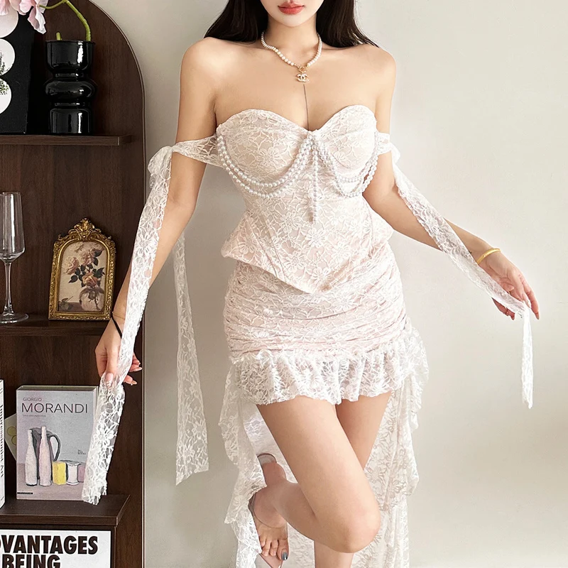 Sweetheart neck beaded lace tube top-final-sale