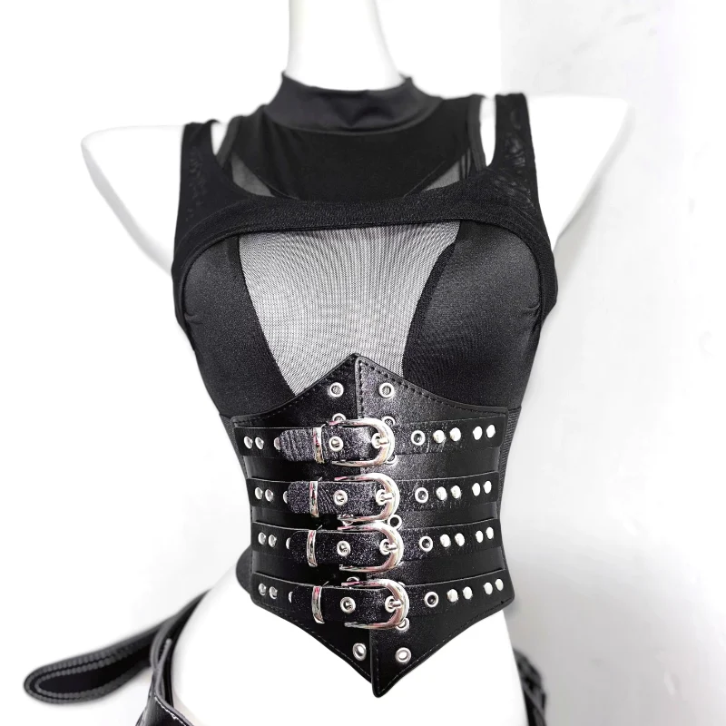 Corset cut out PU leather crewneck top