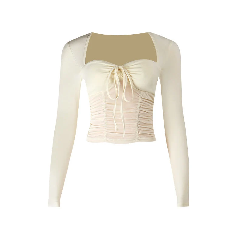Mesh ruched long sleeve self tie top