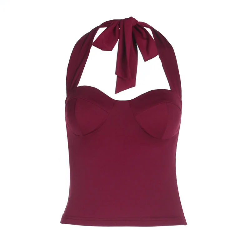 Halter self tie backless v neck solid top