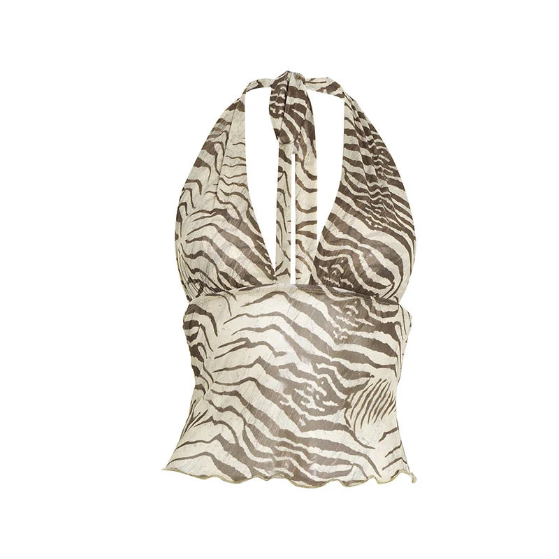 Halter self tie print backless top