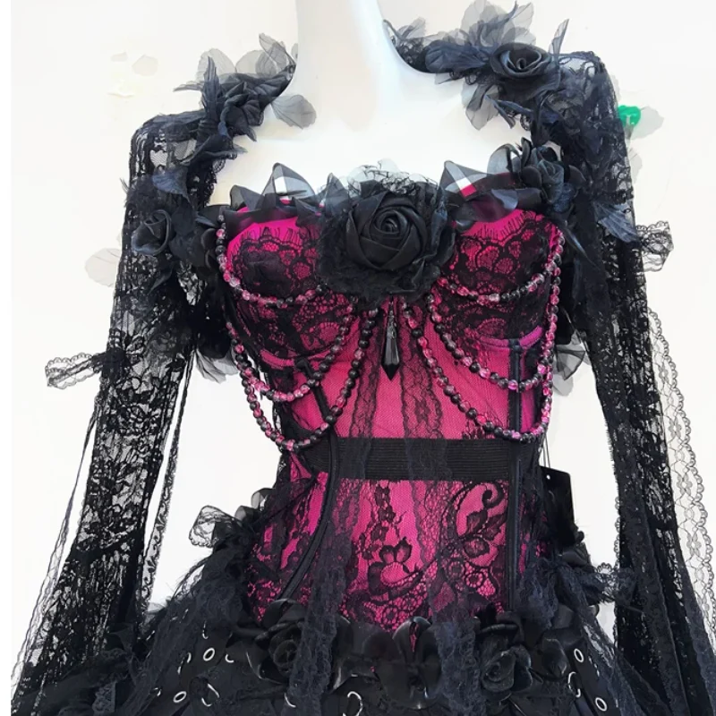 Lace long flared sleeve flower applique beaded top