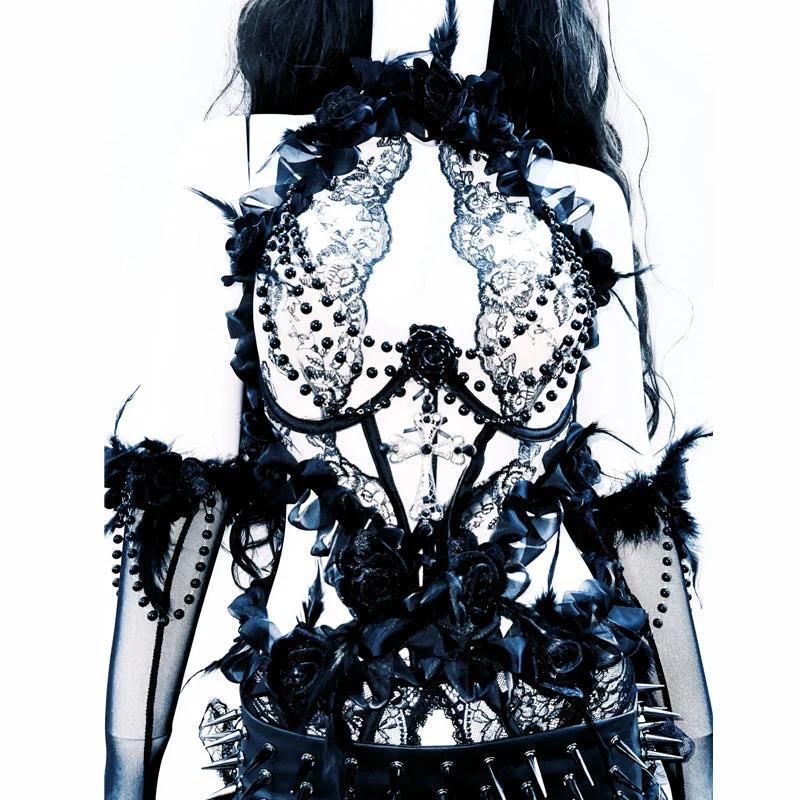 Halter cut out beaded flower feather top