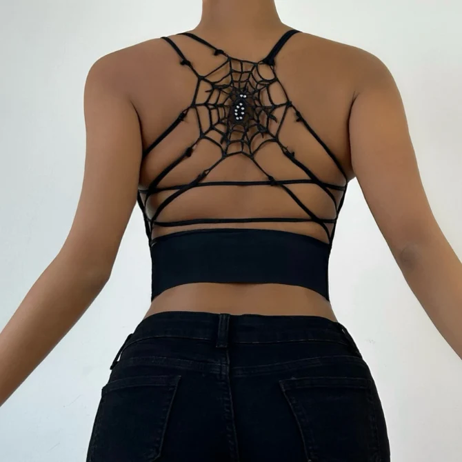 Leopard print spider web backless padded top
