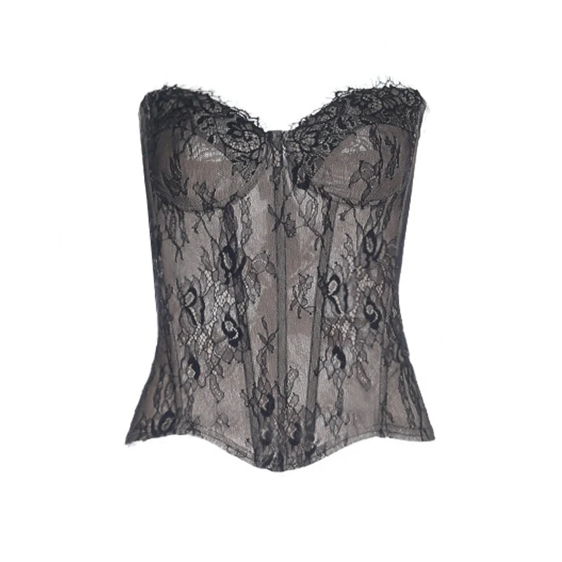 Sweetheart neck lace backless zip-up tube top