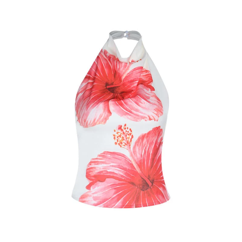 Halter flower print backless satin top