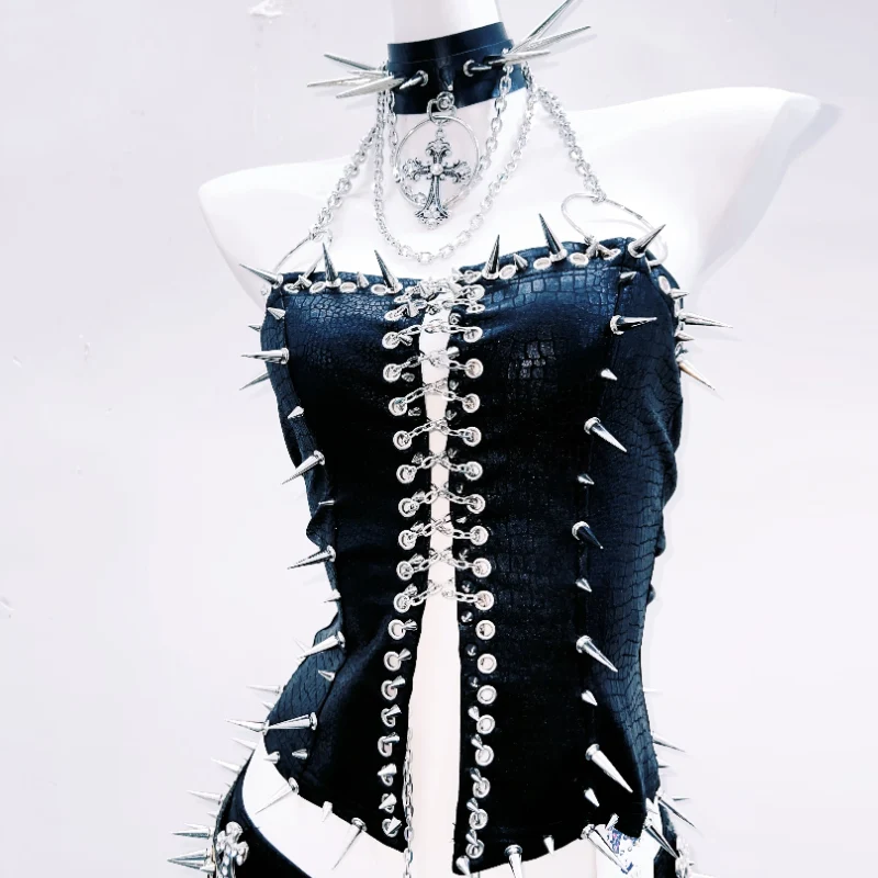Halter PU leather rivet leopard print top