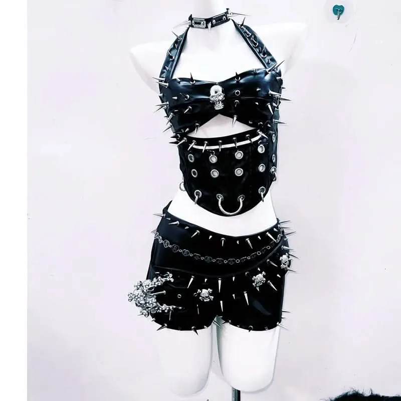 Halter cut out rivet PU leather top