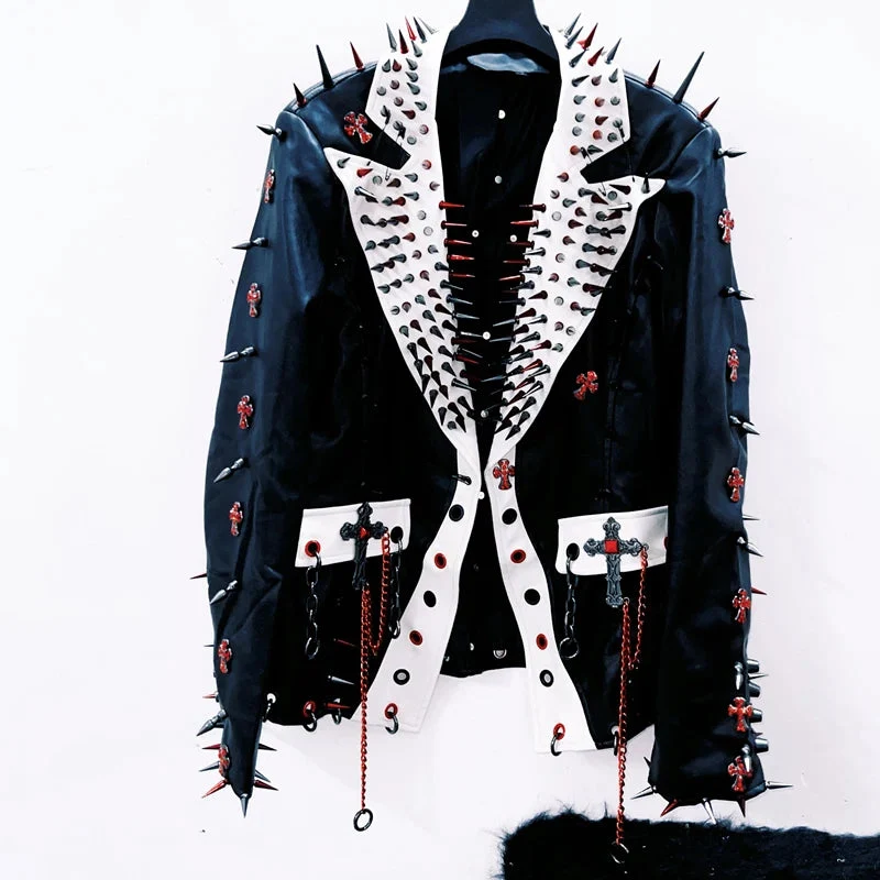 Long sleeve rivet PU leather turnover collar coat top