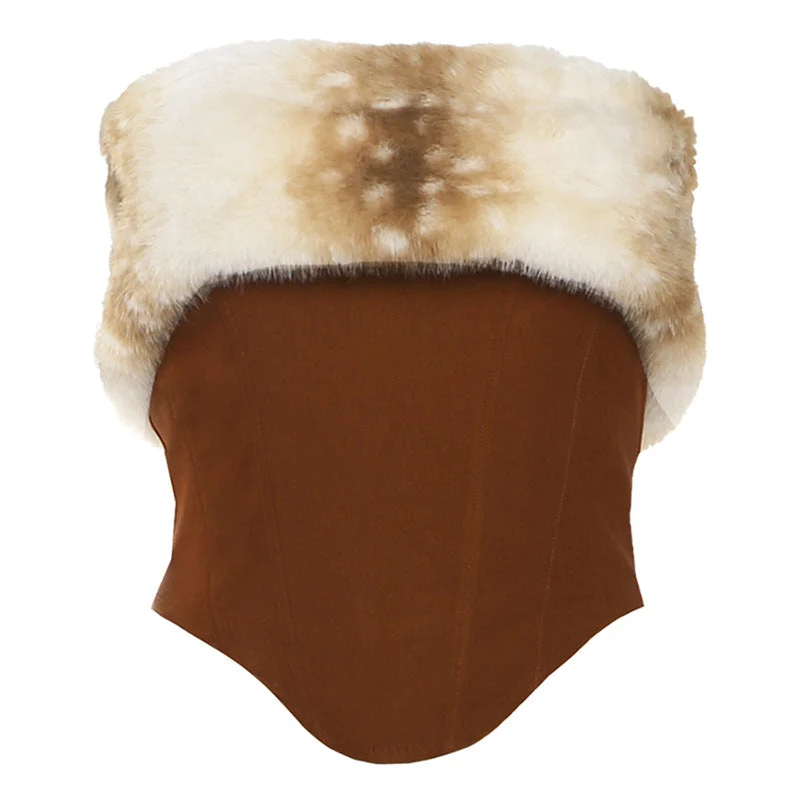 Fluffy zip-up backless tube top