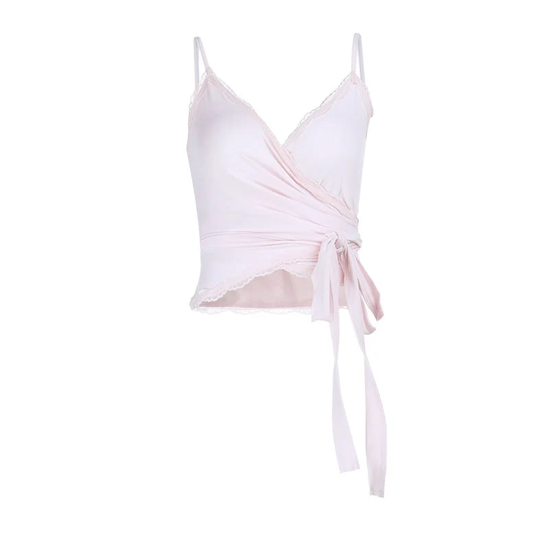 Lace v neck knotted hem cami top