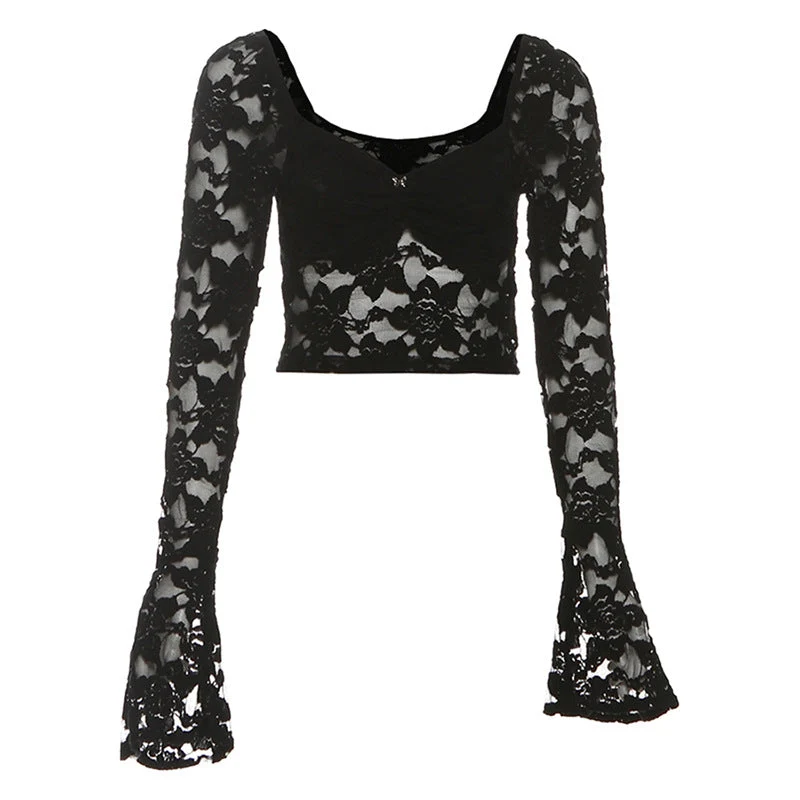 Long flared sleeve lace ruched crop top