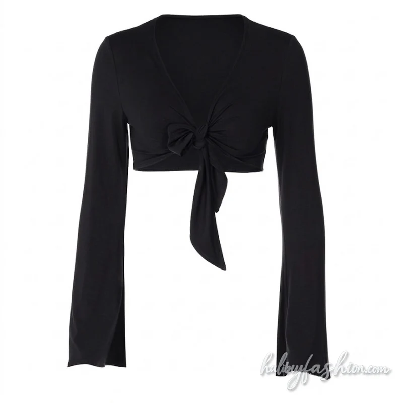 Cut out long sleeve self tie v neck crop top