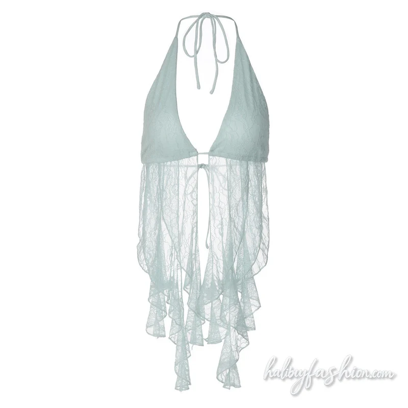 Halter self tie v neck lace backless top