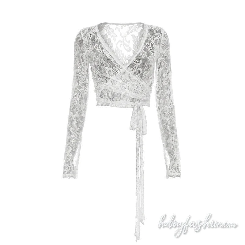 See through lace long sleeve v neck self tie top