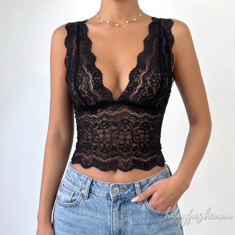 See through lace v neck solid tank top