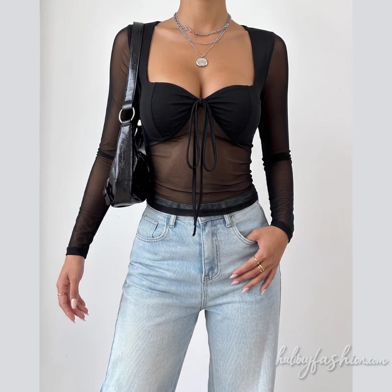 Mesh backless long sleeve self tie v neck top