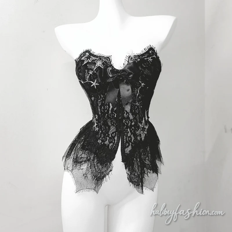 Lace bowknot raw hem embroidery tube top