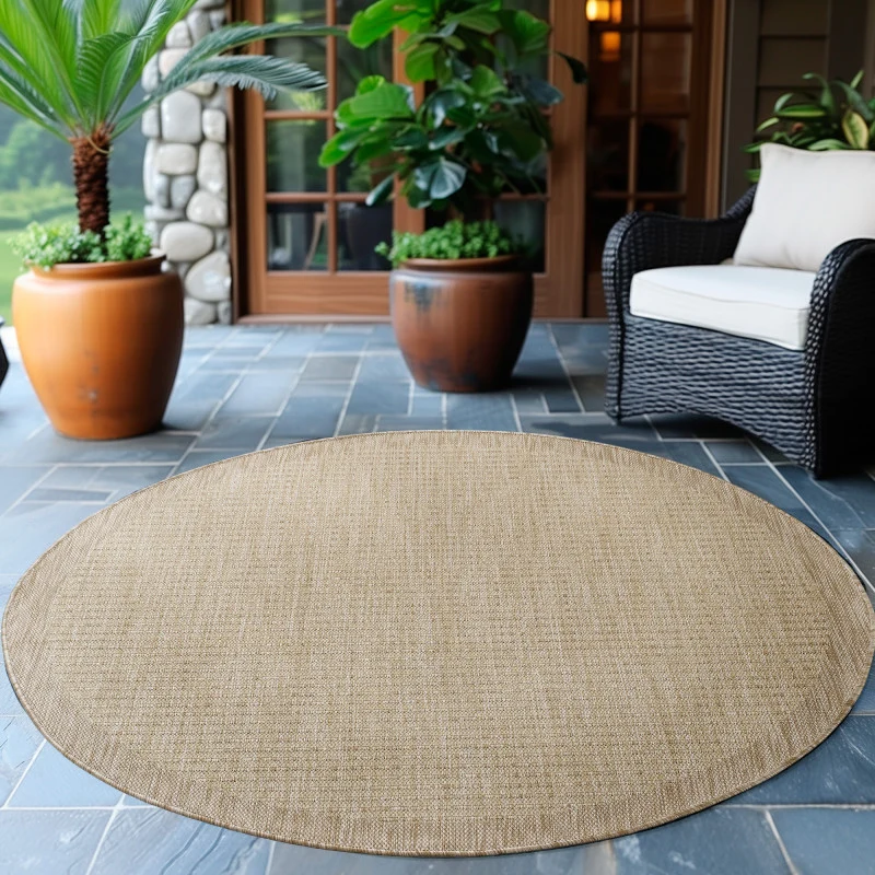 Giza Rond Vloerkleed – Beige met Kader – Laagpolig & Modern – Voor Binnen & Buiten