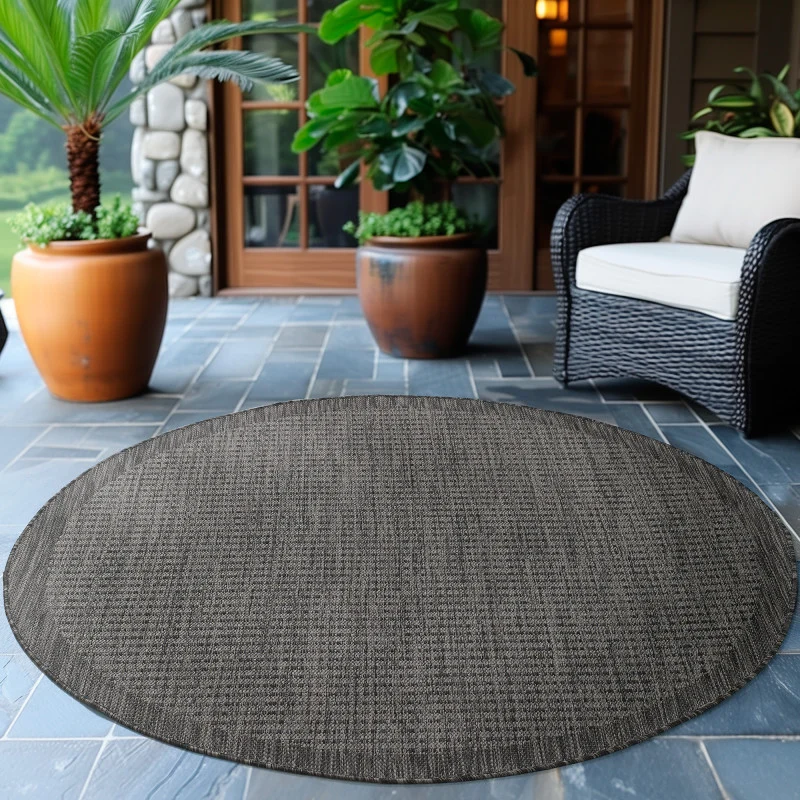 Giza Rond Vloerkleed – Zwart met Kader – Laagpolig & Modern – Voor Binnen & Buiten