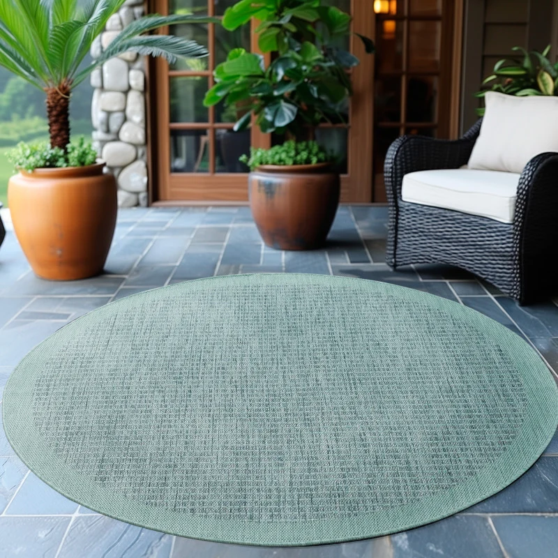 Giza Rond Vloerkleed – Blauw met Kader – Laagpolig & Modern – Voor Binnen & Buiten