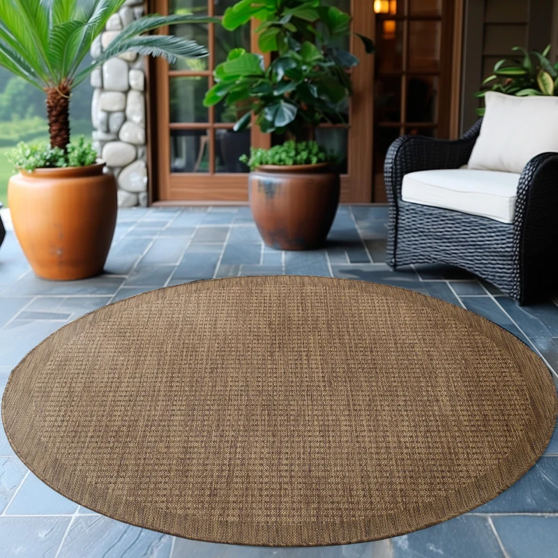 Giza Rond Vloerkleed – Bruin met Kader – Laagpolig & Modern – Voor Binnen & Buiten