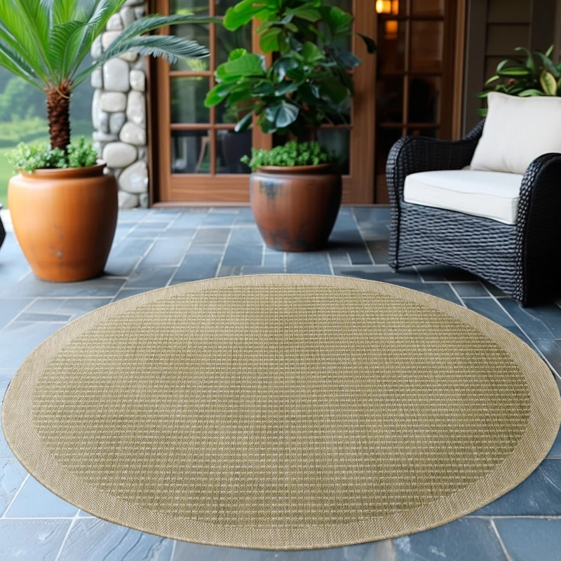 Giza Rond Vloerkleed – Groen met Kader – Laagpolig & Modern – Voor Binnen & Buiten
