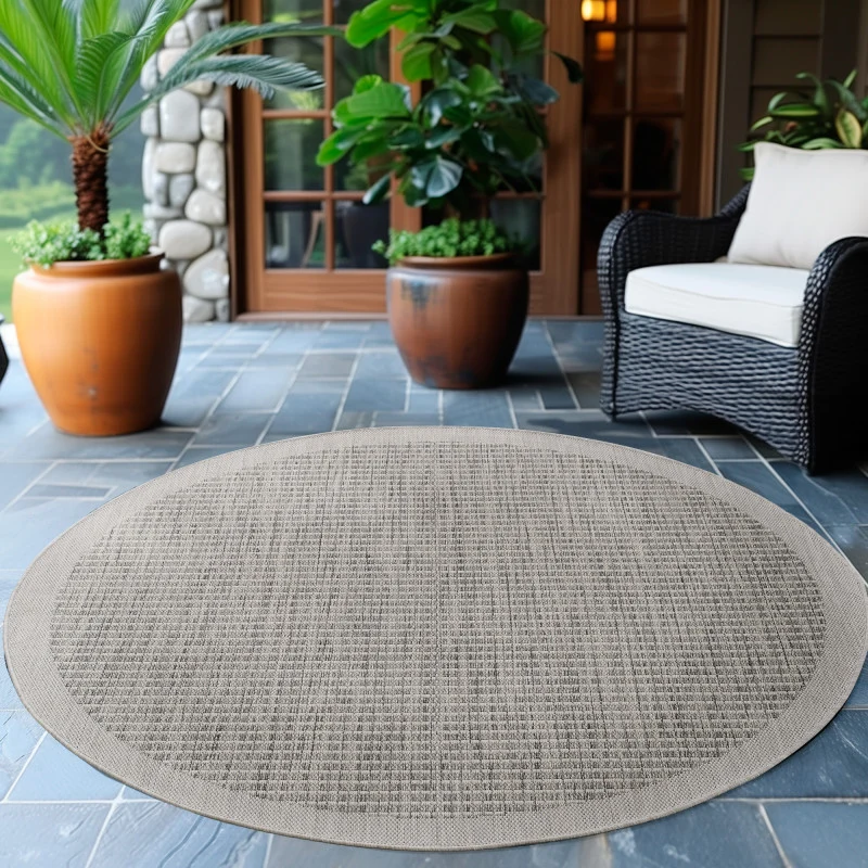 Giza Rond Vloerkleed – Grijs met Kader – Laagpolig & Modern – Voor Binnen & Buiten