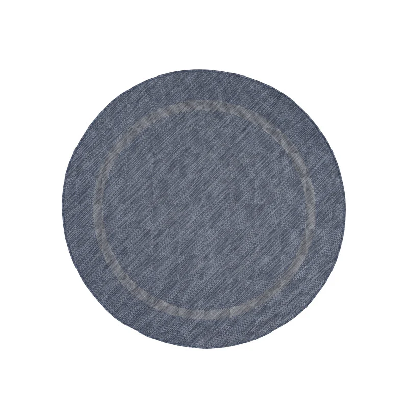 Relax Rond Vloerkleed – Blauw – Laagpolig Kaderdesign – Voor Binnen & Buiten