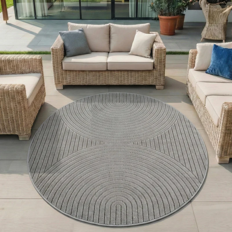Nova – Vloerkleed Rond Siena Grijs – Binnen En Buiten Vloerkleed – Laagpolig – Japandi stijl