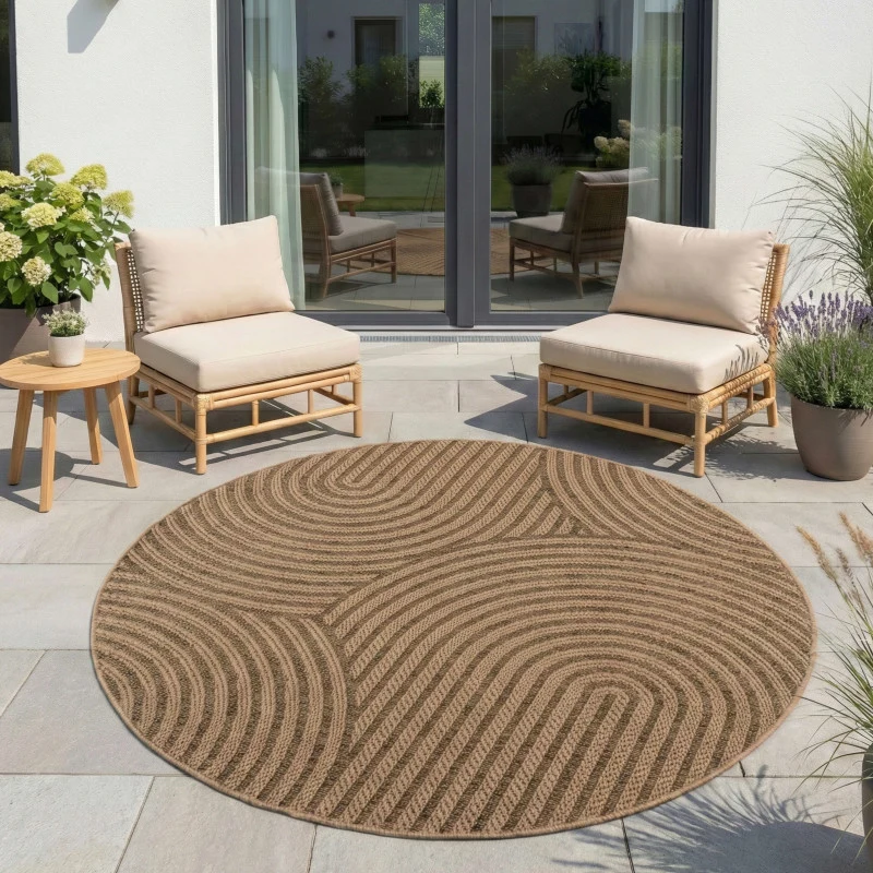 Timber – Japandi Rond Boogpatroon Beige met Sisal-Look – Binnen & Buiten Vloerkleed – Laagpolig